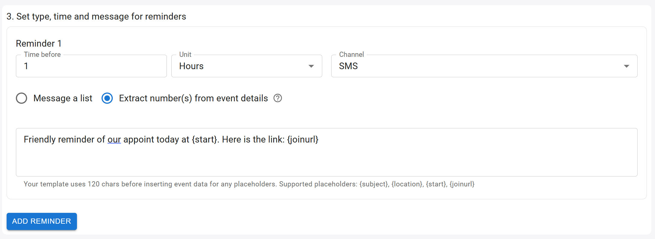 SMS Reminders: Extract number from event details