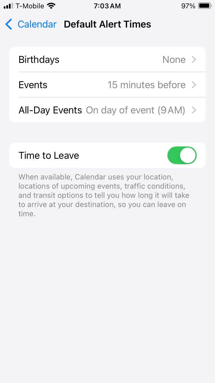 Default alert settings in iOS Calendar app
