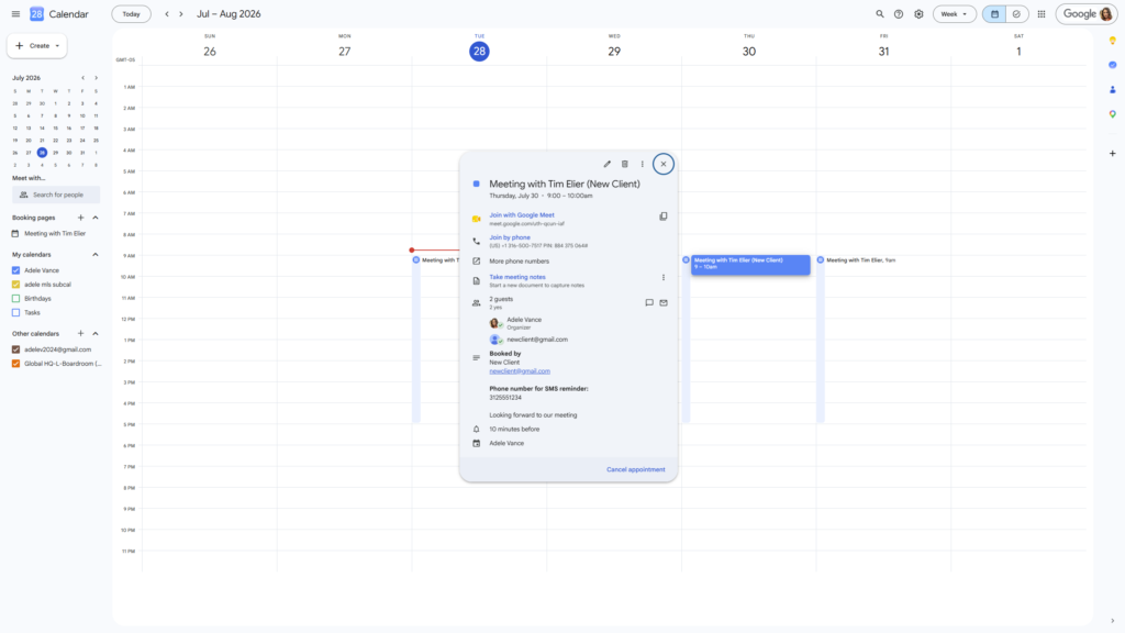 Google Calendar event created from booking page