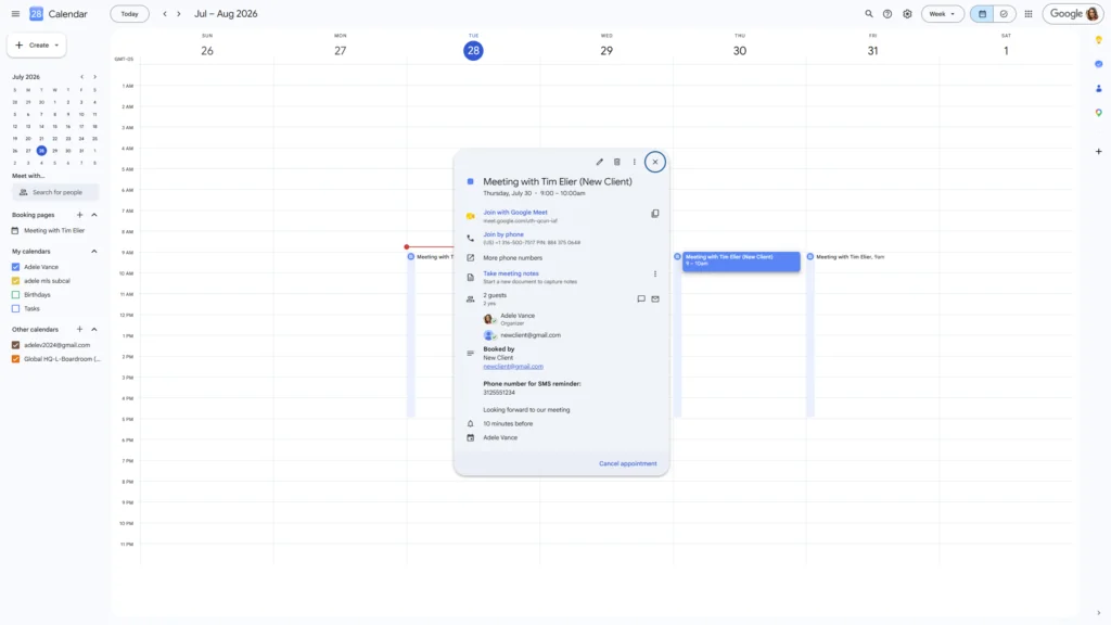 Google Calendar event created from booking page