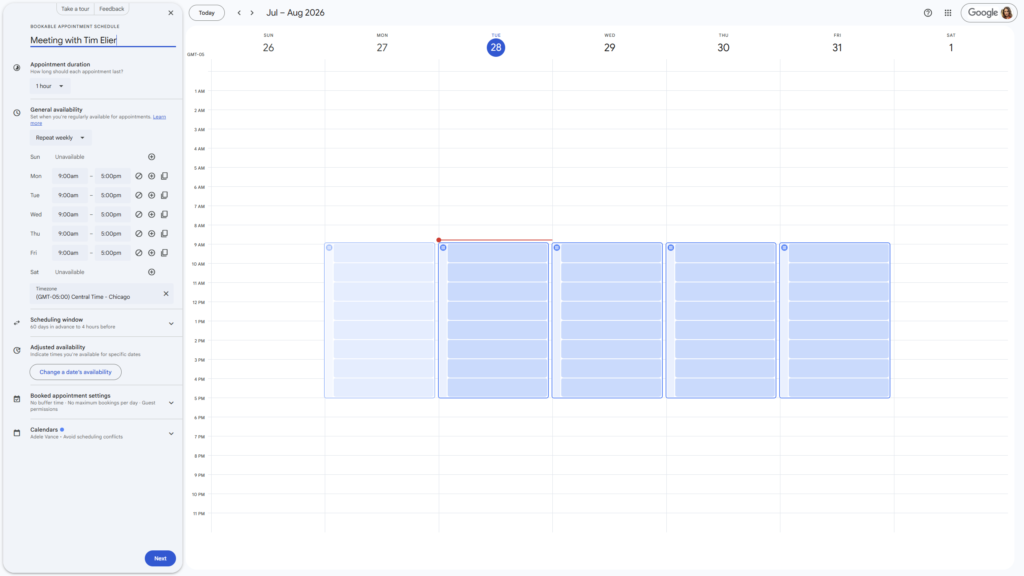 Setting up appointment schedule title, duration, and availability in Google Calendar