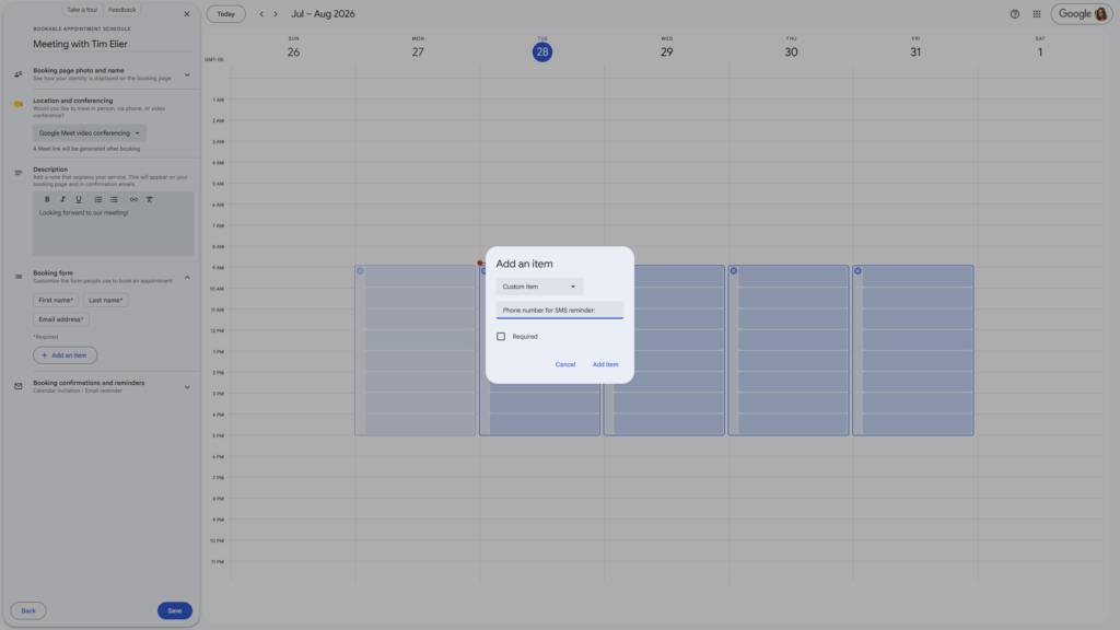 Adding custom booking form item for SMS reminders