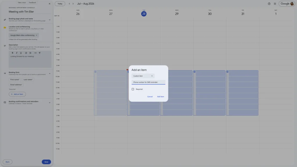 Adding custom booking form item for SMS reminders