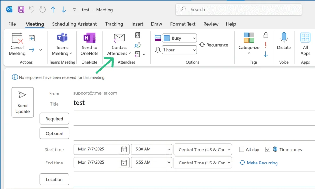classic outlook contact attendees