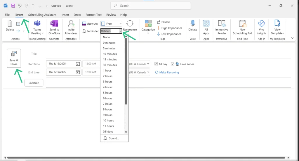 change reminder on specific event in classic outlook