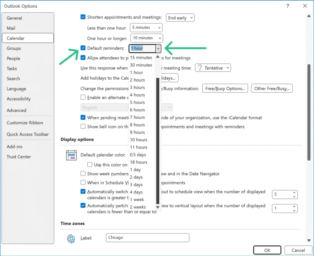 default reminder settings in Classic Outlook