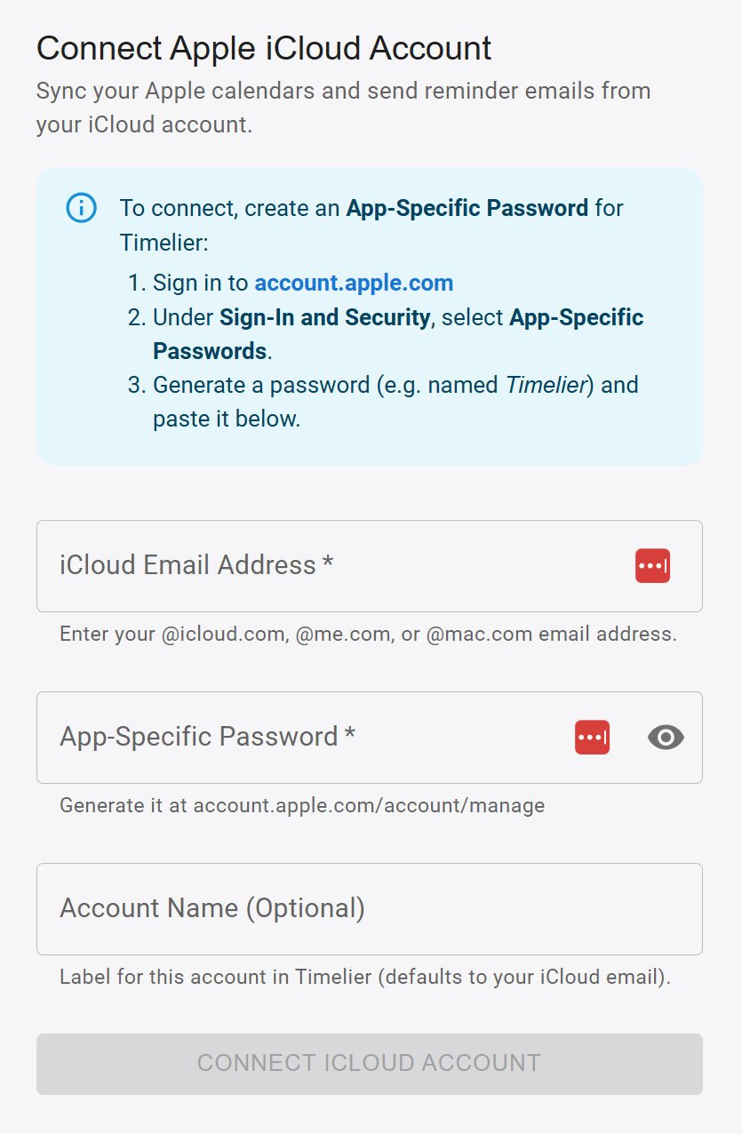 Connect Apple iCloud Account in Timelier