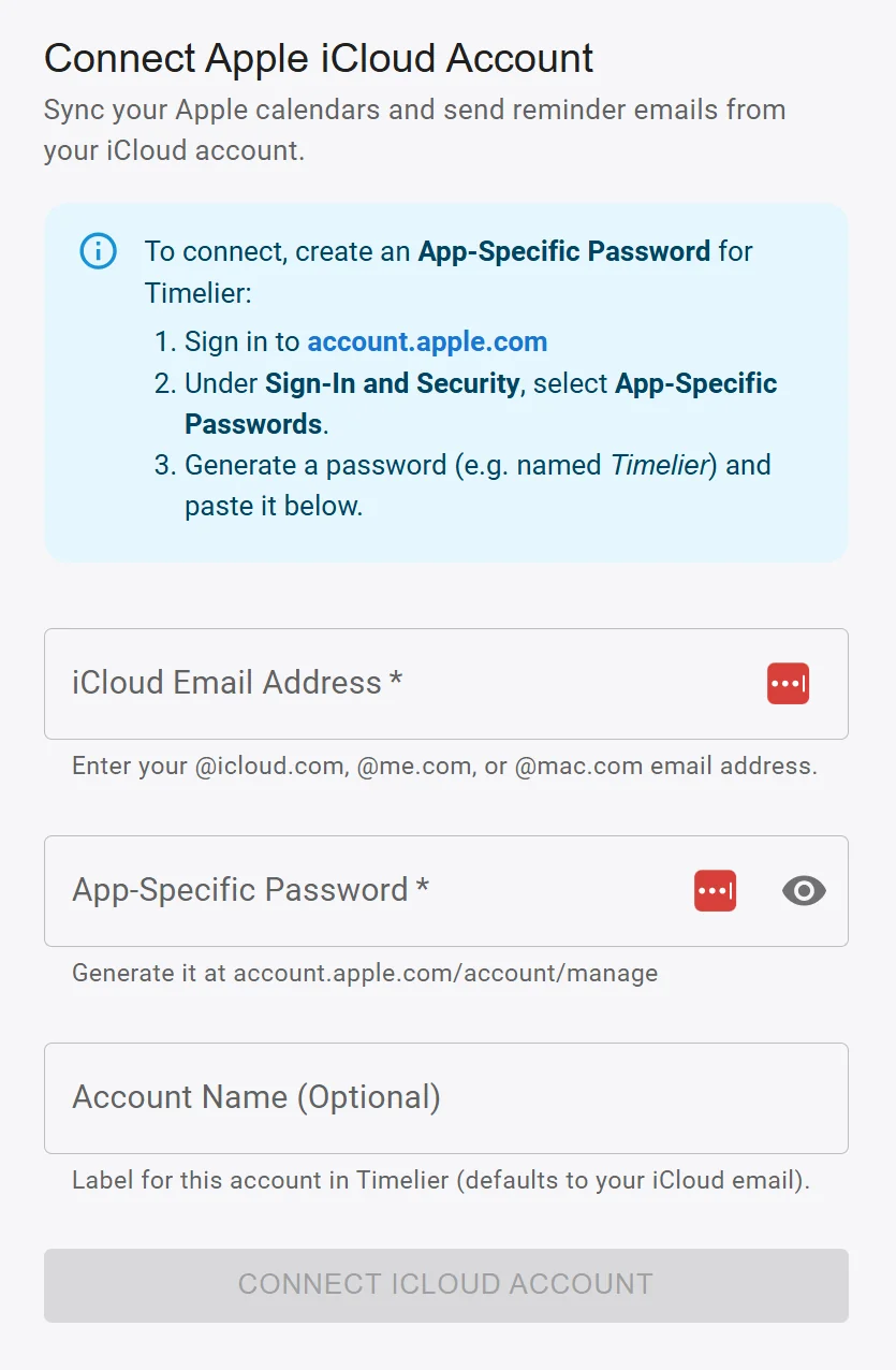 Connect Apple iCloud Account in Timelier