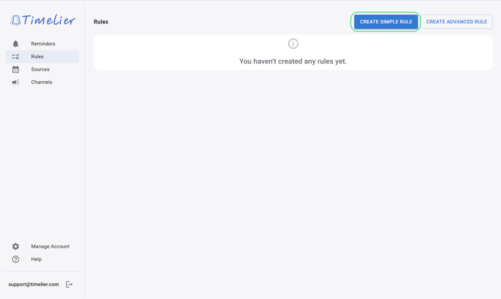 Timelier Rules page with Create Simple Rule button