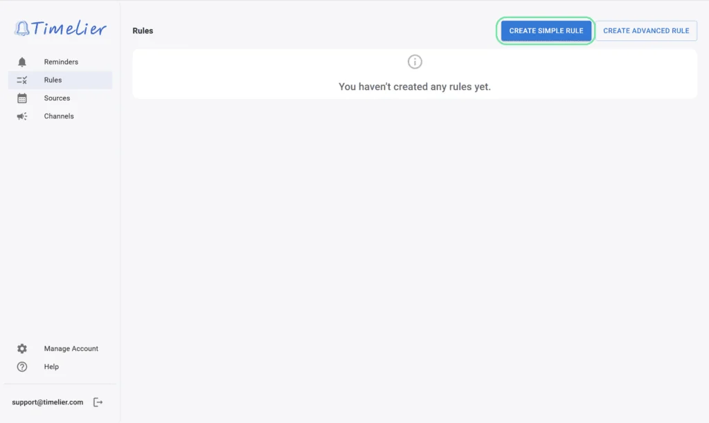 Timelier Rules page with Create Simple Rule button
