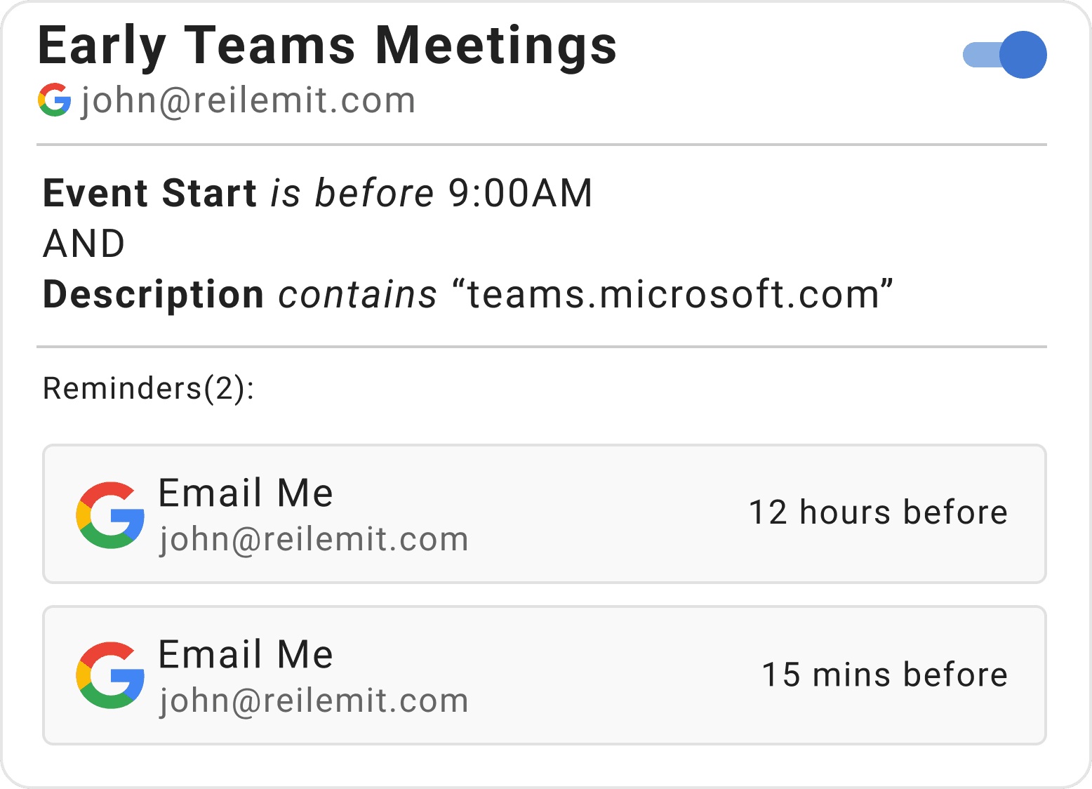 Example reminder rule for early Teams meetings in Timelier showing Google calendar integration