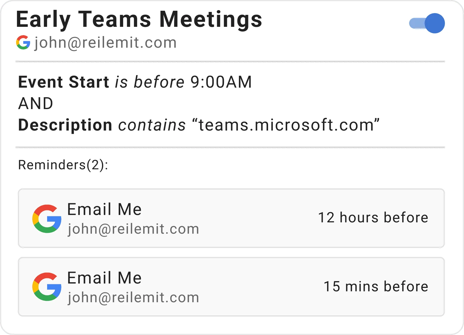 Example reminder rule for early Teams meetings in Timelier showing Google calendar integration