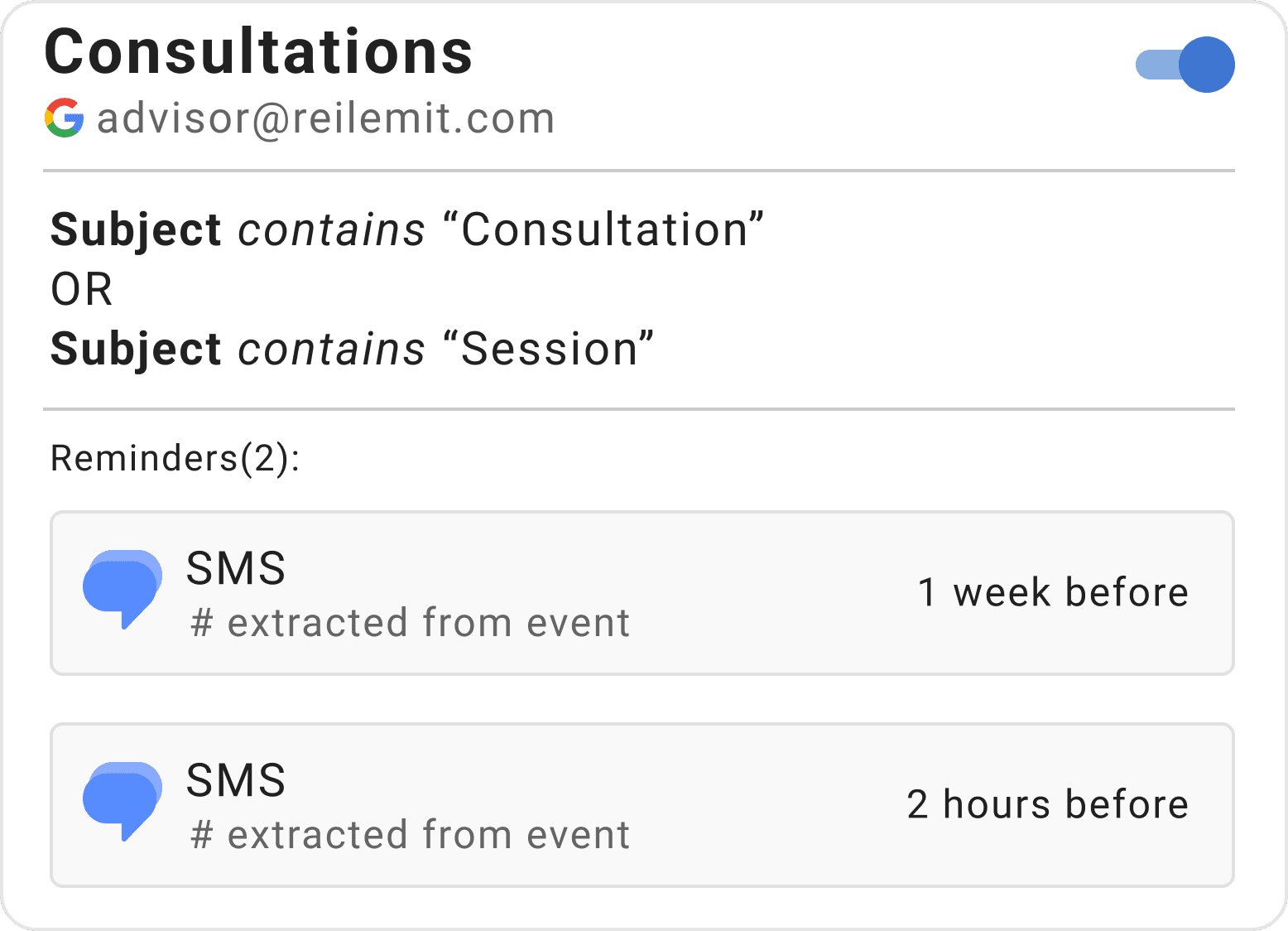 Example reminder rule for consultation appointments in Timelier showing Google Calendar integration
