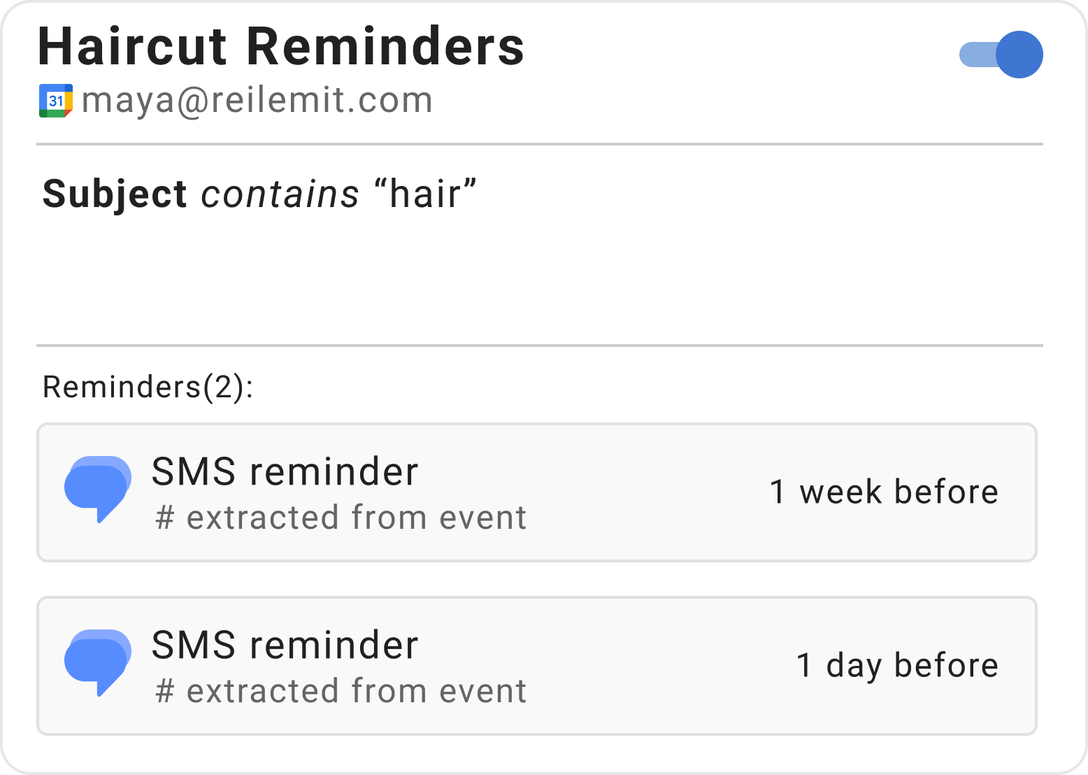 Example reminder rule for haircuts and salon appointments in Timelier