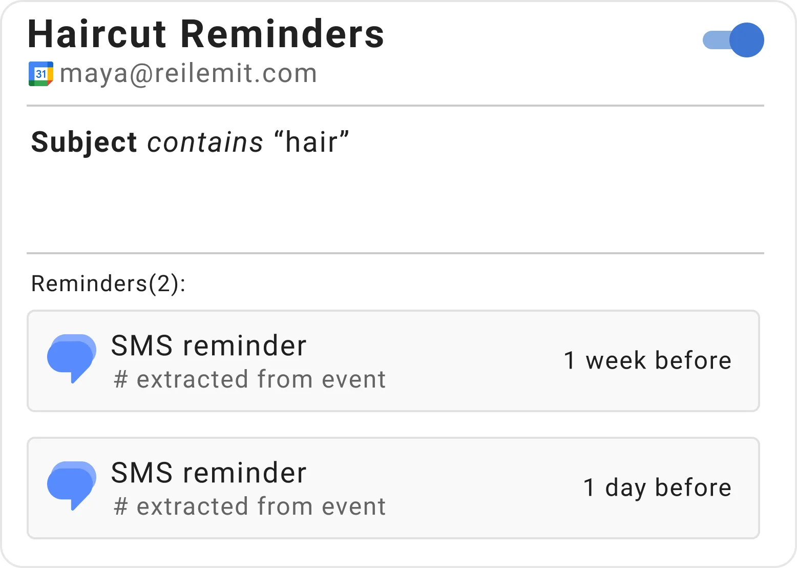 Example reminder rule for haircuts and salon appointments in Timelier