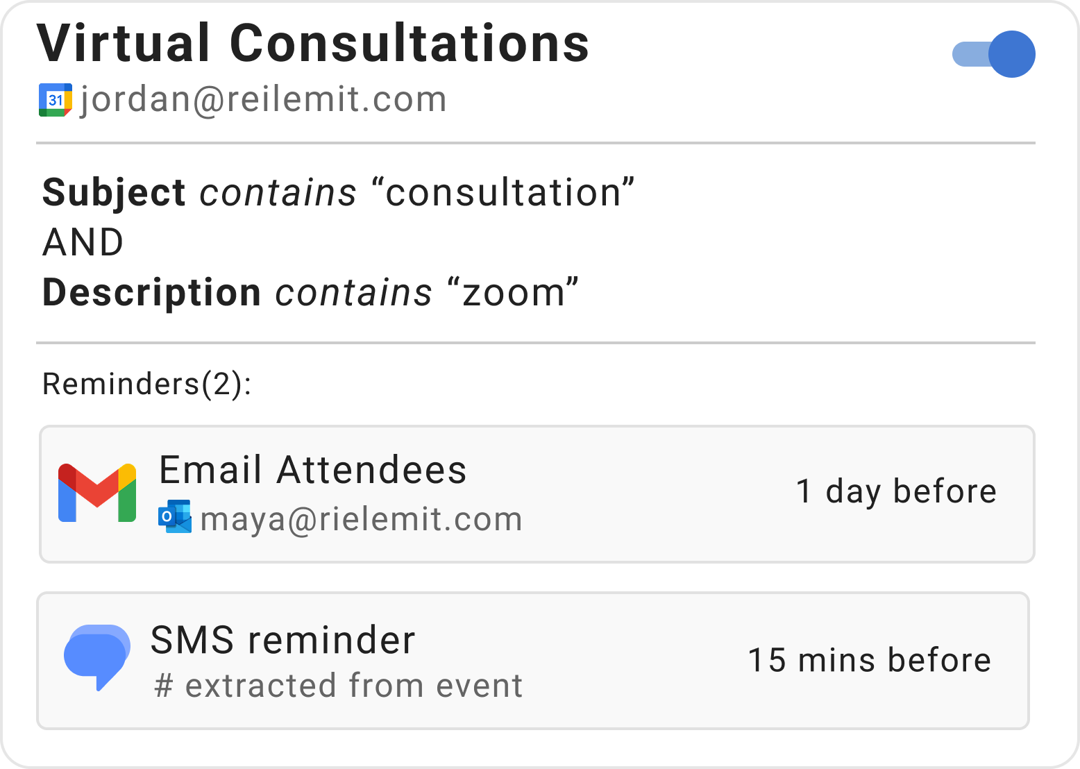Example reminder rule for virtual consultations in Timelier