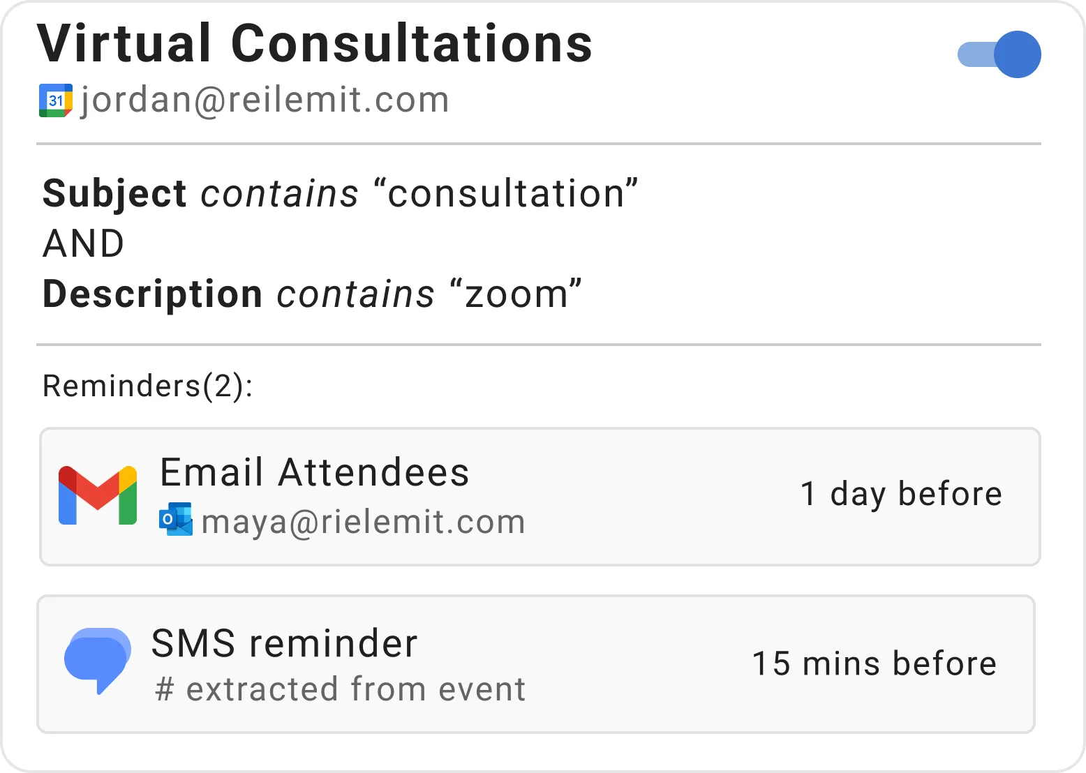 Example reminder rule for virtual consultations in Timelier