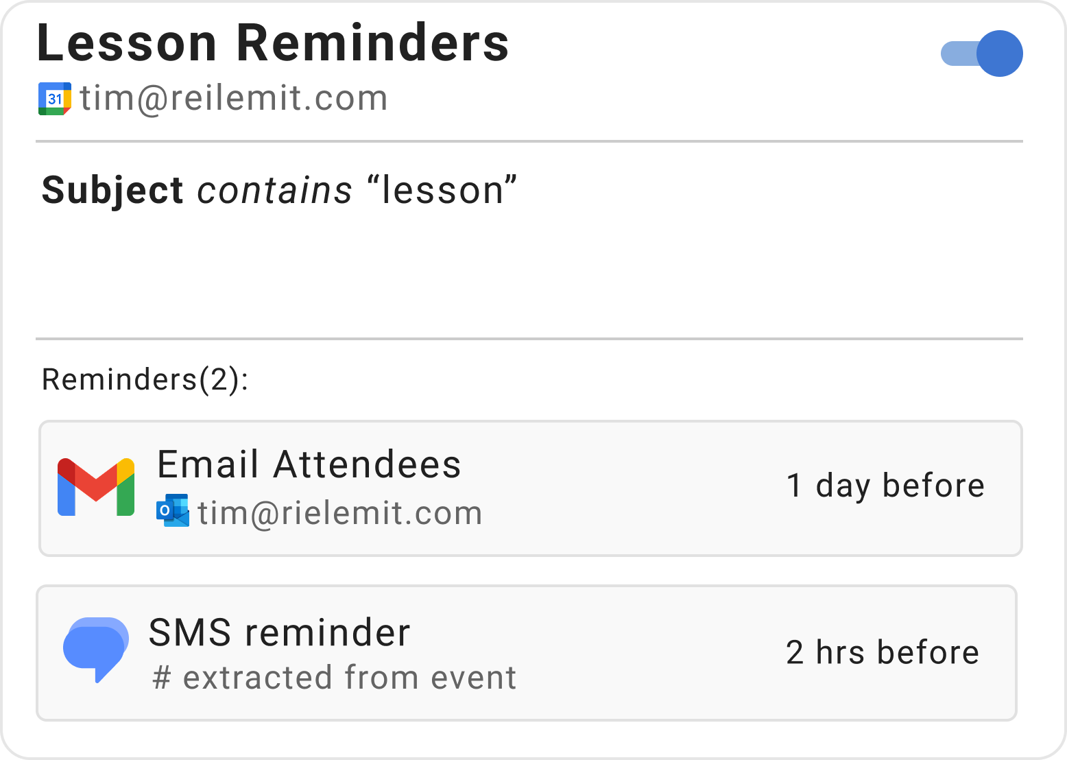 Example lesson reminder rule in Timelier showing email and SMS reminders for students and parents