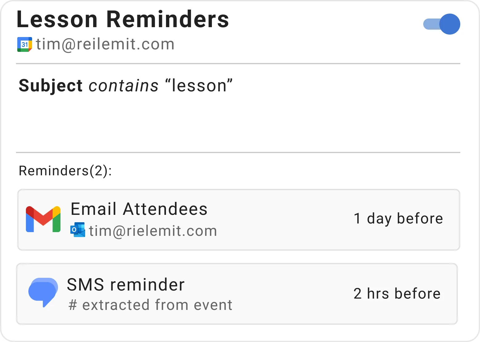 Example lesson reminder rule in Timelier showing email and SMS reminders for students and parents