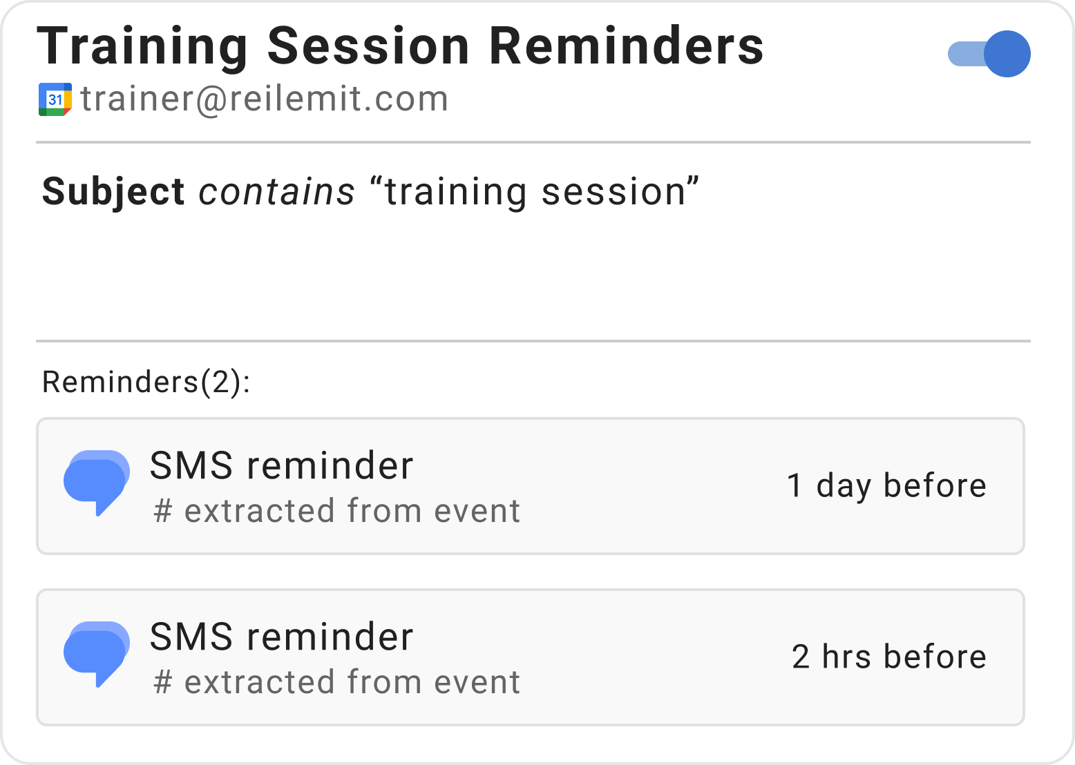 Example training session reminder rule in Timelier showing SMS reminders for personal trainers
