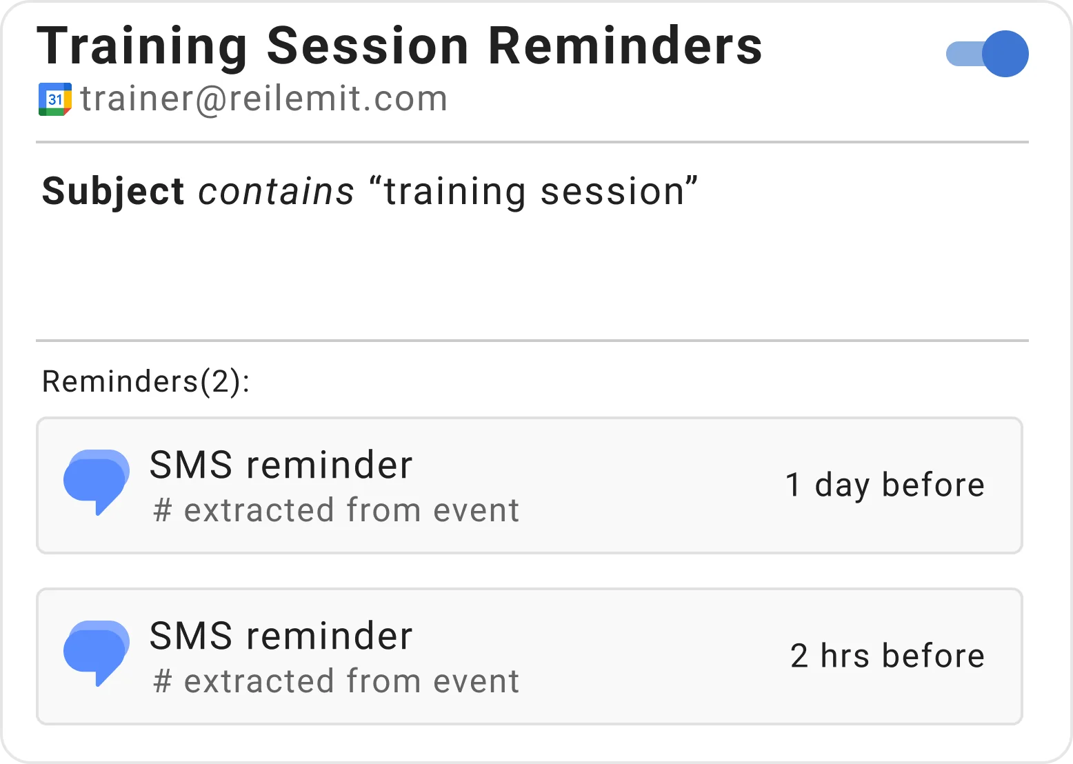 Example training session reminder rule in Timelier showing SMS reminders for personal trainers