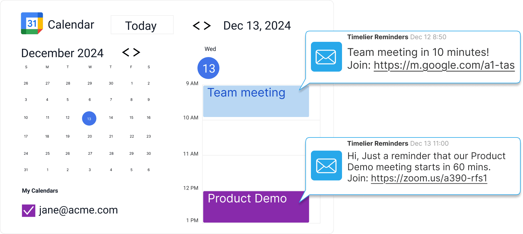 Google calendar with chat bubbles representing email reminders sent for appointments