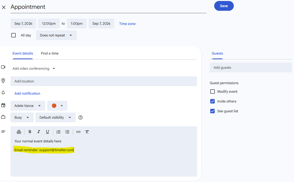 Example calendar event description with email reminder trigger