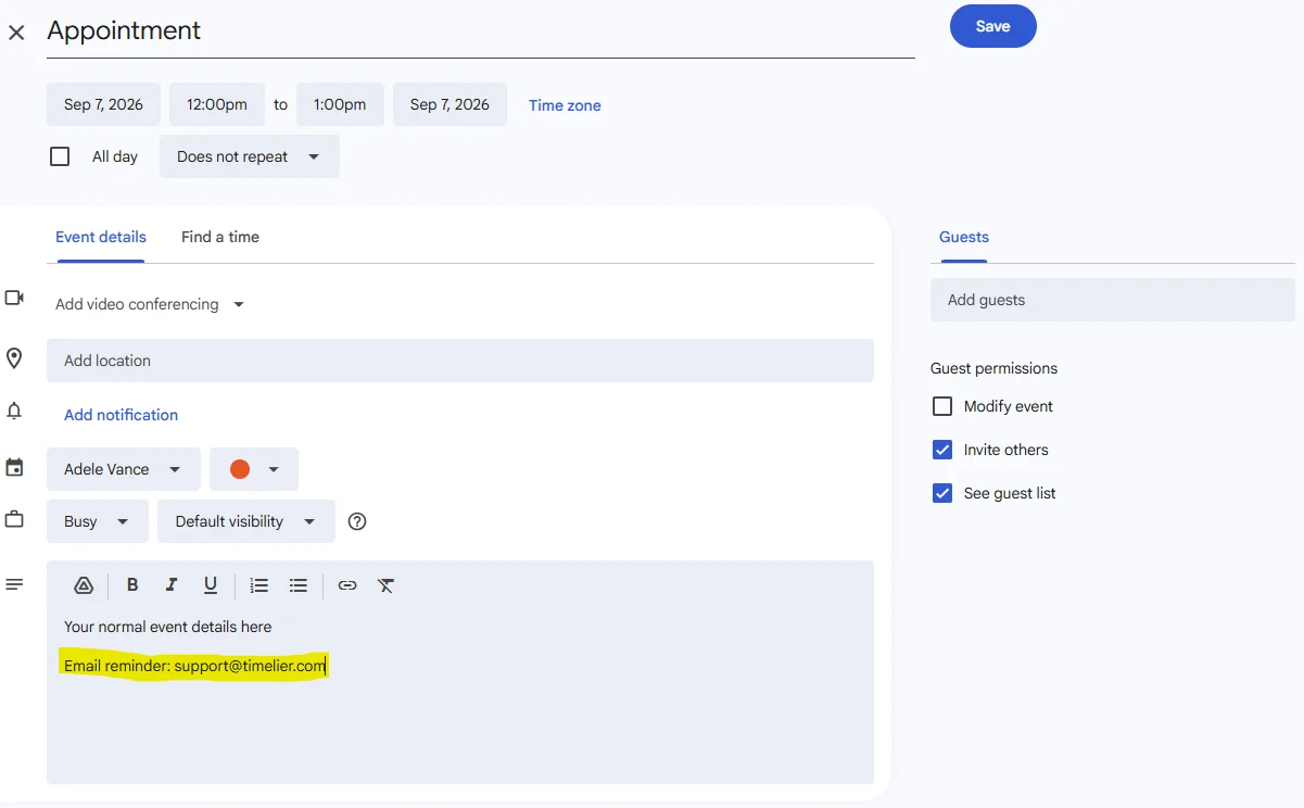 Example calendar event description with email reminder trigger