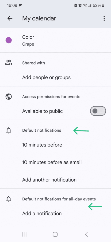 Google Calendar notification settings