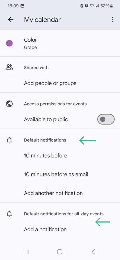 Google Calendar notification settings