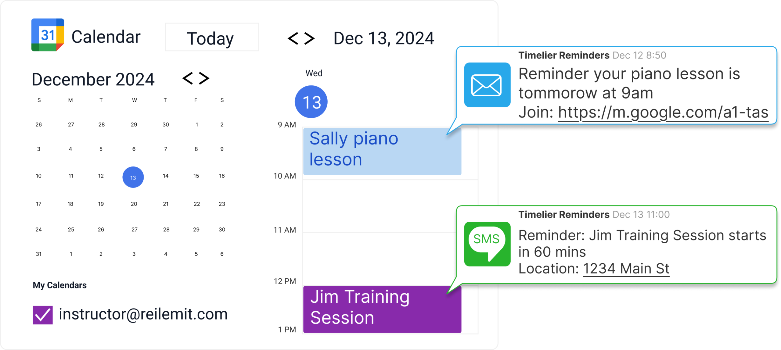 Google calendar showing email and SMS reminders for piano lessons and training sessions