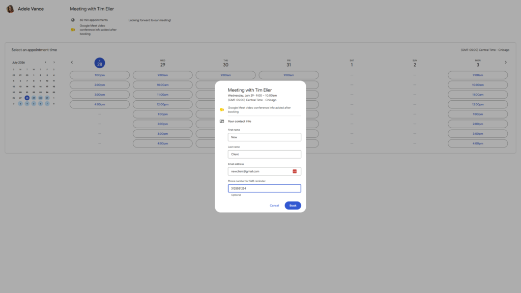 Booking a meeting via booking page with custom phone field