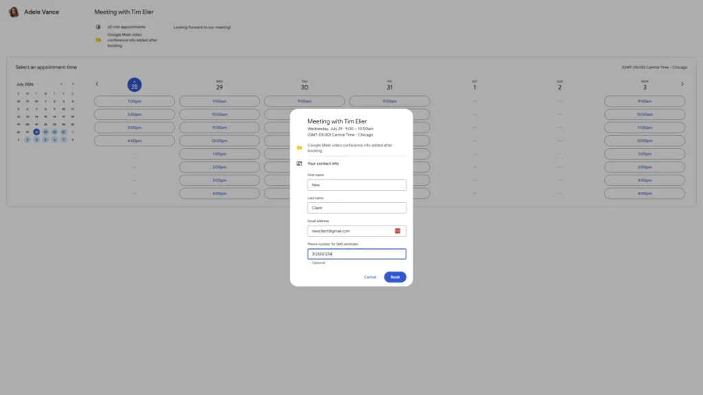 Booking a meeting via booking page with custom phone field