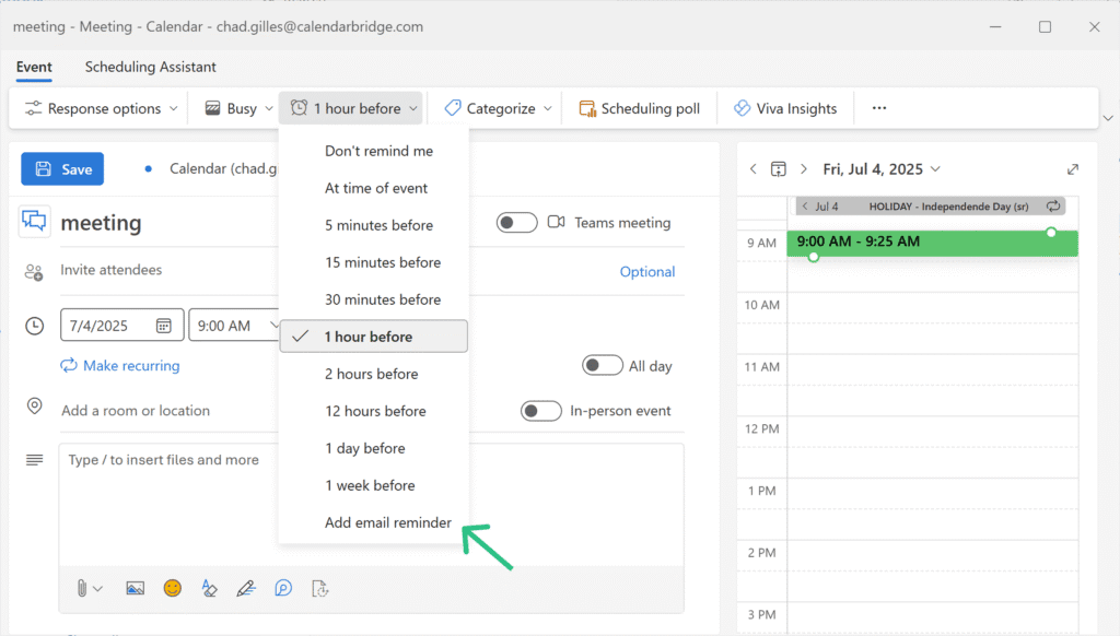 add a scheduled email reminder to an event in New Outlook
