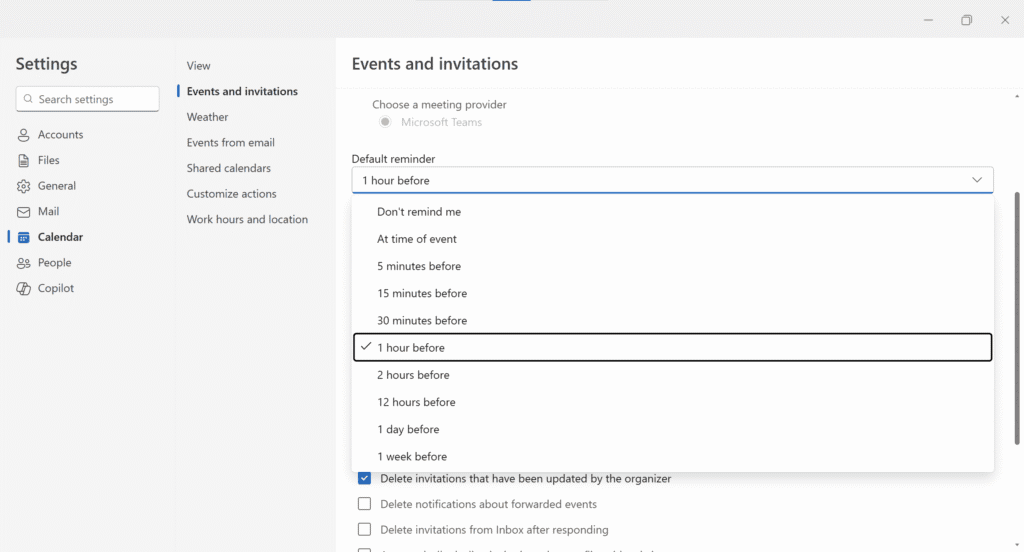 default reminder settings in New Outlook and Outlook on the Web