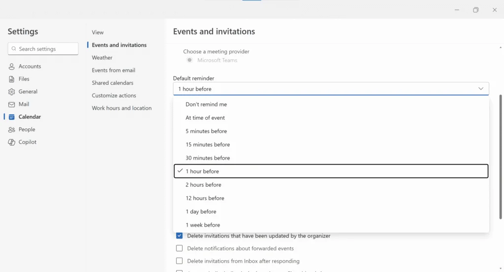 default reminder settings in New Outlook and Outlook on the Web