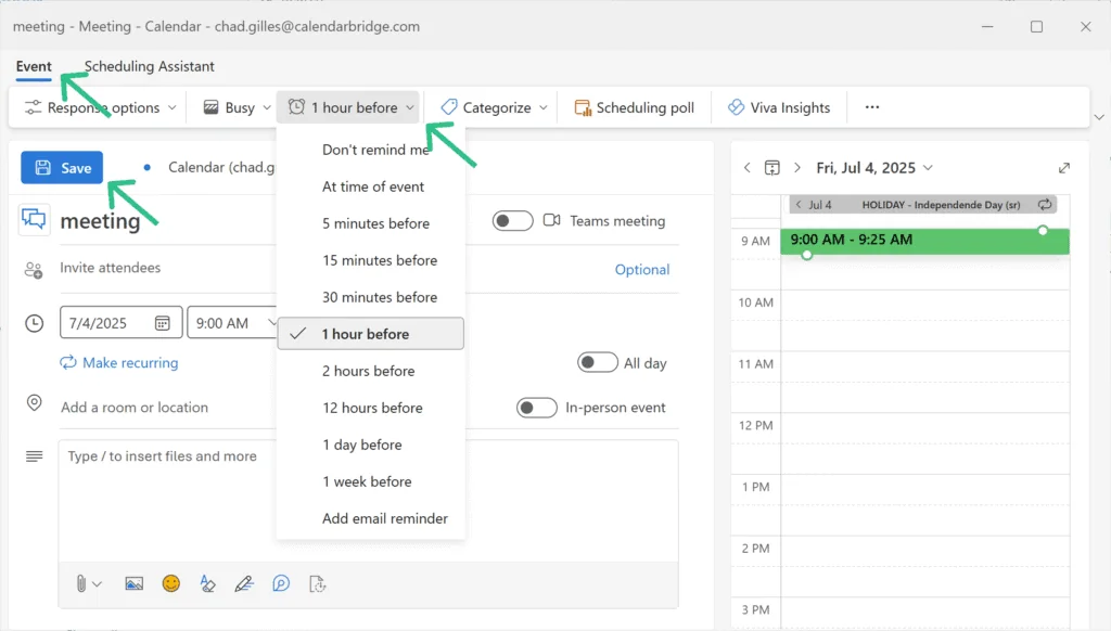 set reminder on event in new outlook and outlook on the web
