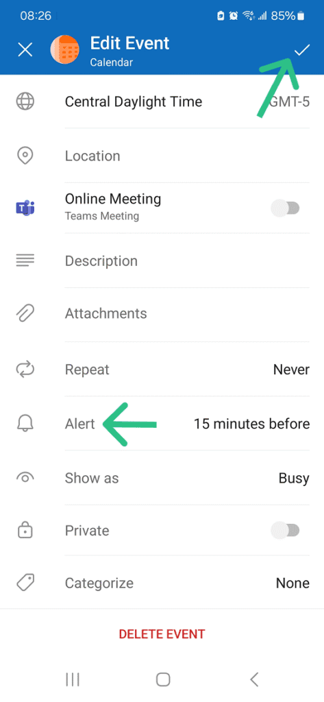 dropdown for editing the alert / notification of an event in outlook mobile
