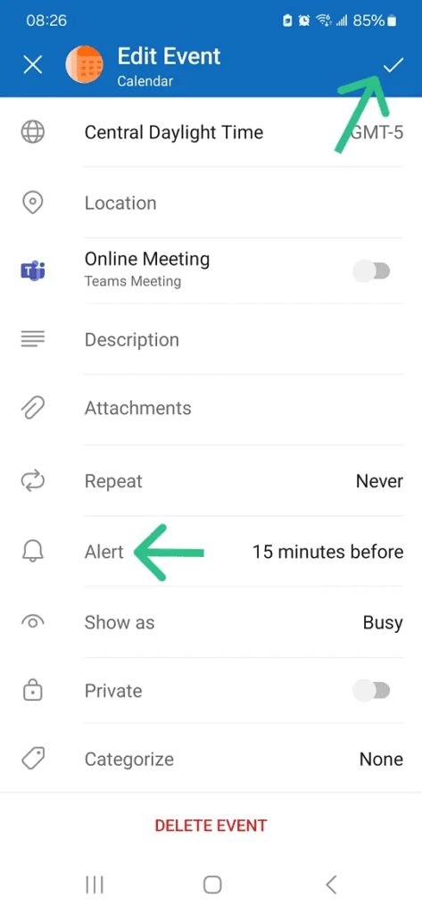 dropdown for editing the alert / notification of an event in outlook mobile
