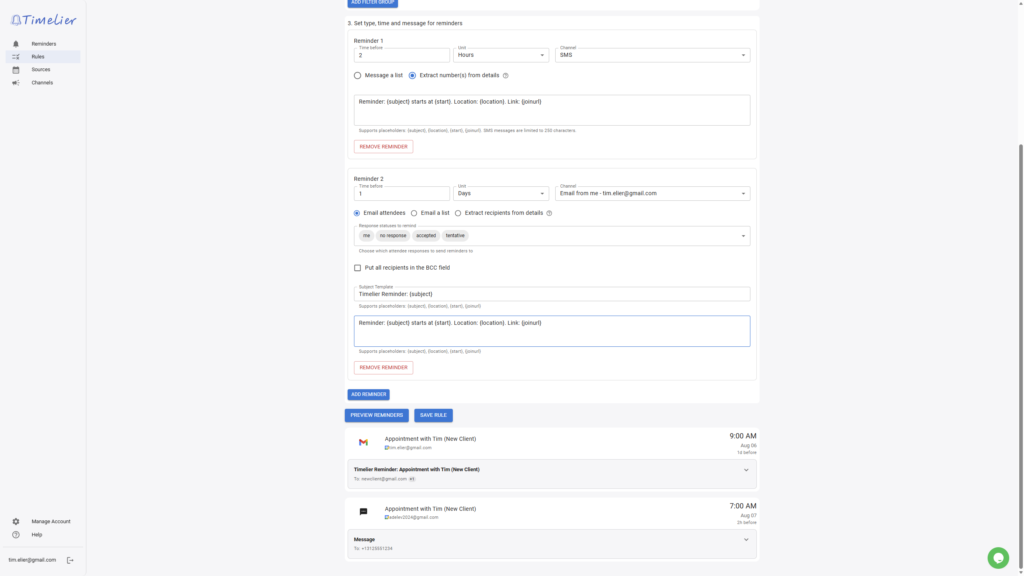 Timelier rule setup to send Email and SMS reminders ahead of Google Booking Page meetings
