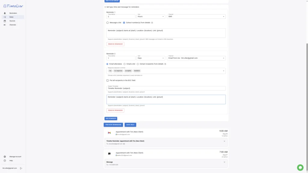 Timelier rule setup to send Email and SMS reminders ahead of Google Booking Page meetings