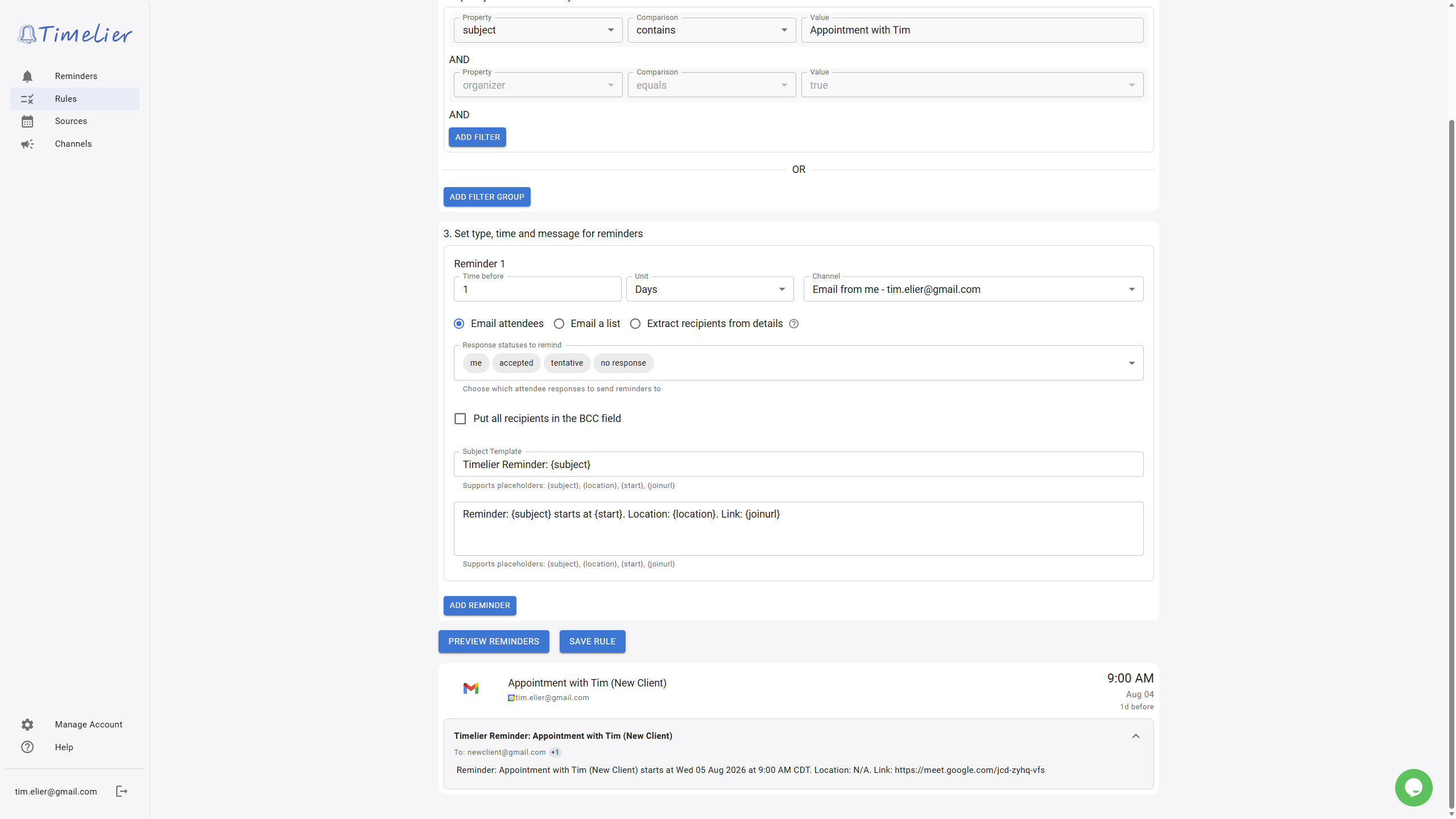 Preview of Timelier reminder for Google Booking page