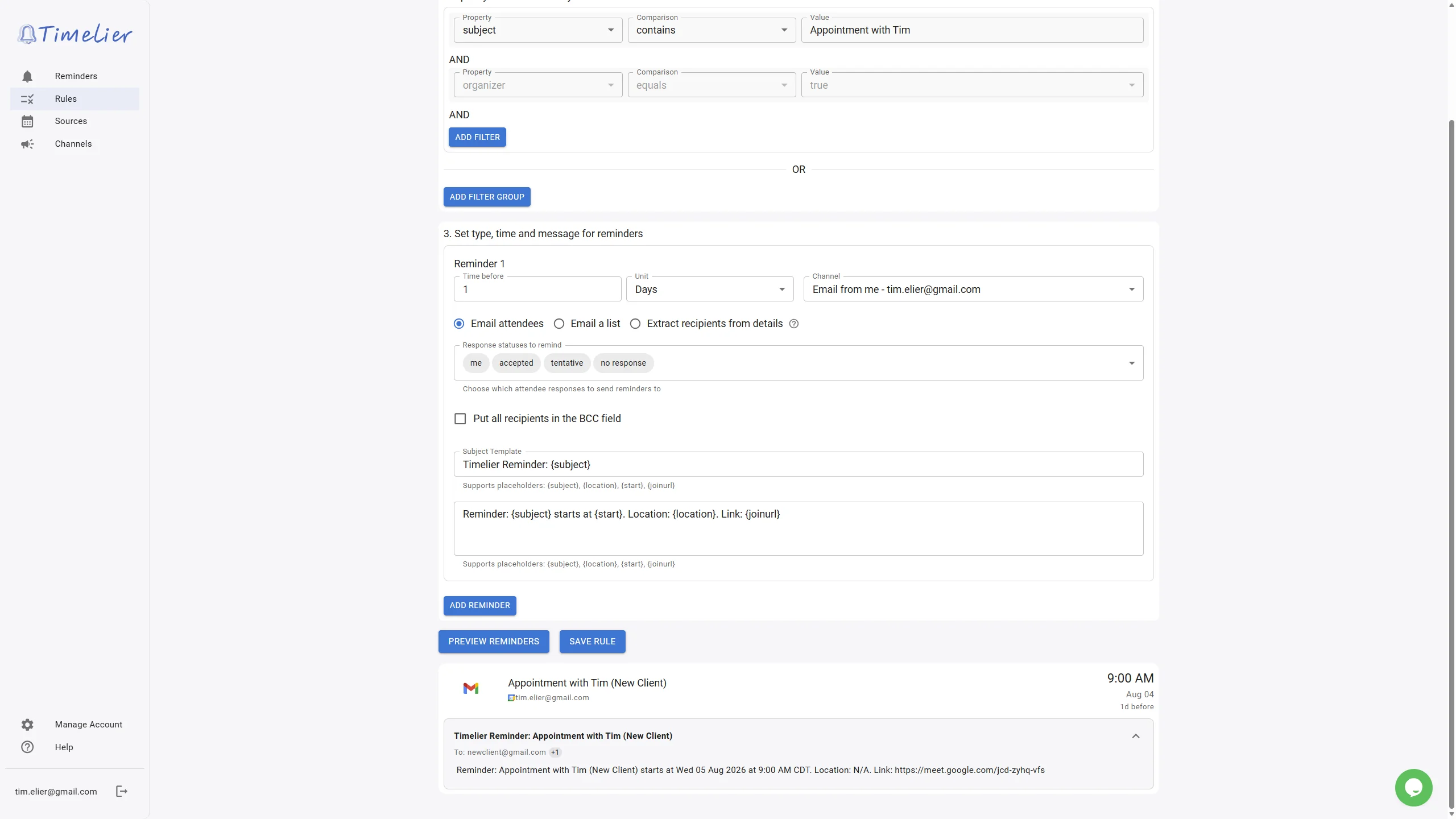 Preview of Timelier reminder for Google Booking page
