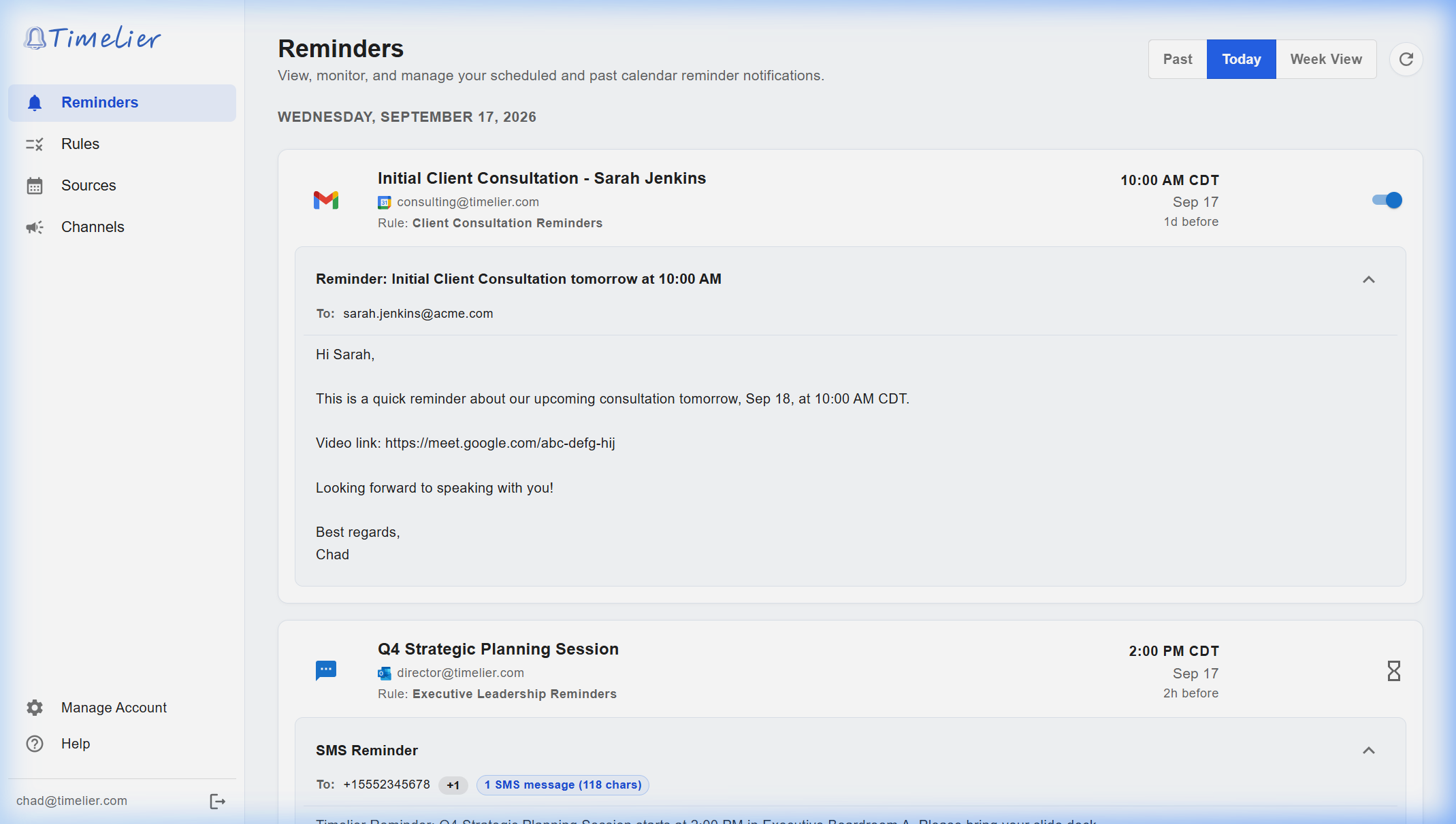 Timelier Reminders dashboard displaying active reminder notifications grouped by date