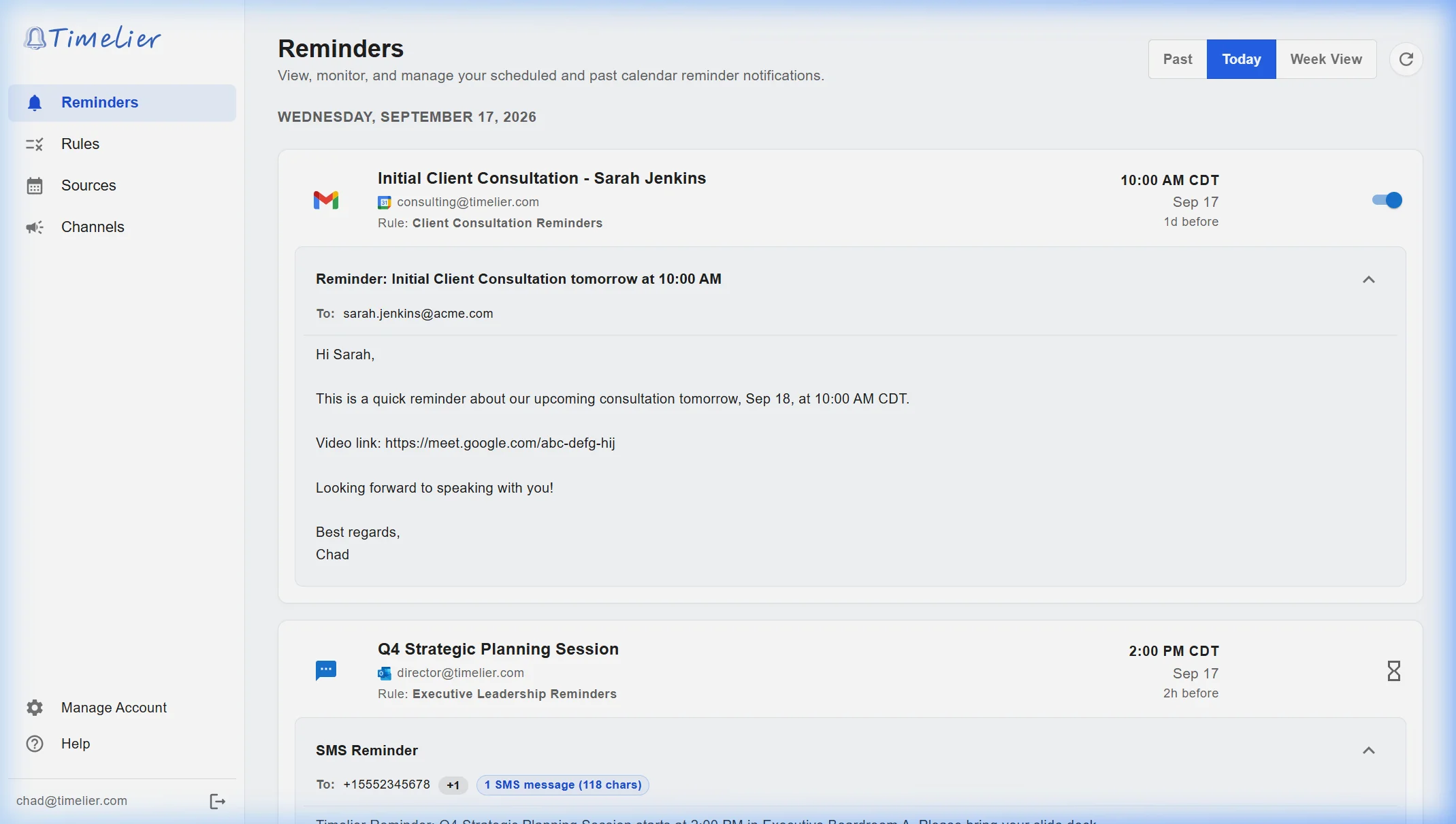 Timelier Reminders dashboard displaying active reminder notifications grouped by date