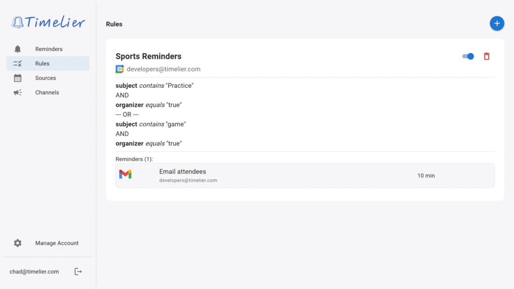 Timelier Rules dashboard displaying active reminder rules with status toggles and actions