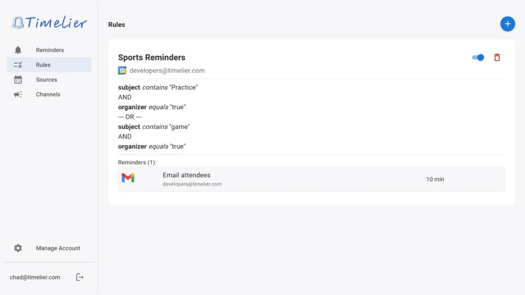 Timelier Rules dashboard displaying active reminder rules with status toggles and actions