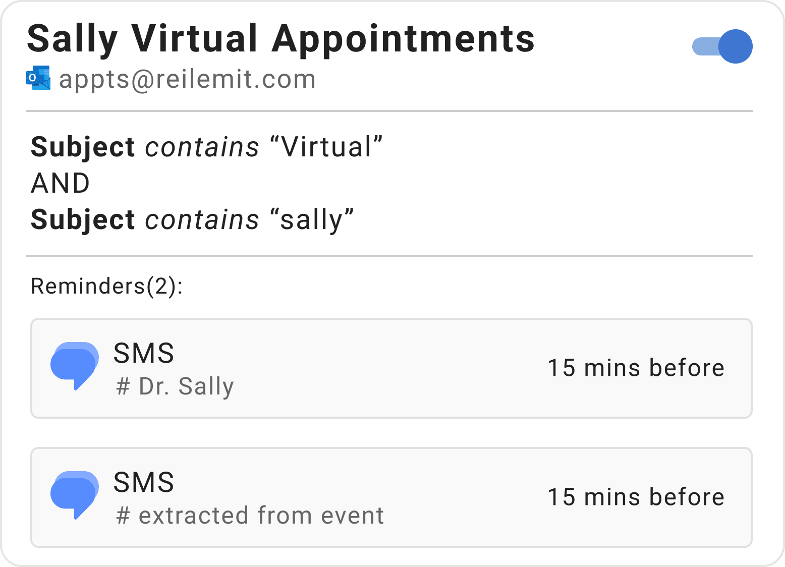 Example reminder rule for virtual appointments in Timelier showing Outlook Calendar dual-recipient reminders
