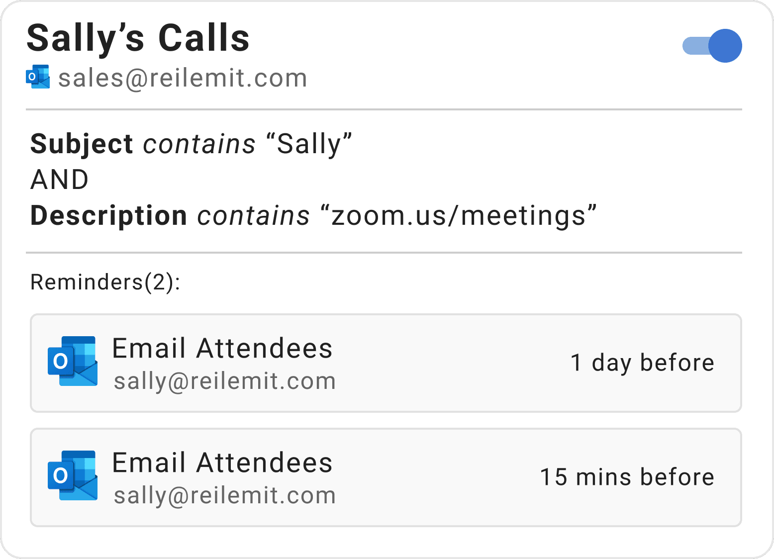 Example reminder rule for Zoom calls in Timelier showing Outlook calendar integration