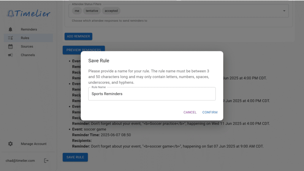 Save Rule confirmation dialog with Rule Name input